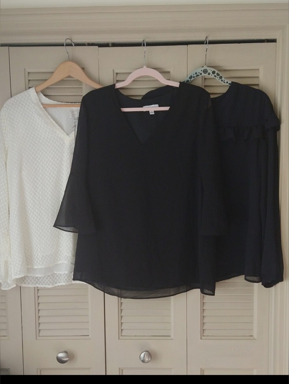 V-Neck Blouse Bundle @A New Day Cream +Calvin Klein Black Ruffle+Bat Sleeves - Picture 2 of 13